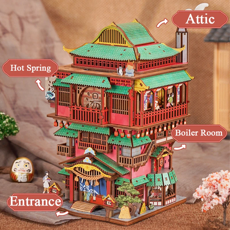 DIY 3D Houten Puzzel Japanse Hot Spring Huis Opbergdoos Cottage Miniatuur Model Kits Inductieve Casa Legpuzzels Geschenken