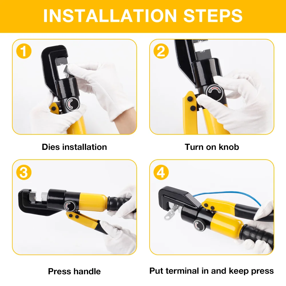 4-70mm² 家庭用油圧ペンチ、圧力10T圧着工具、DIYケーブル端子配線プライヤー、手袋付きコードレス圧着ペンチ