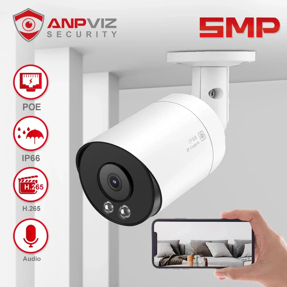 Anpviz Smart 5MP Bullet POE Camera Outdoor Surveillance Security Camera IR 30m With One-Way Audio Motion Alarm IP66 H.265 Danale