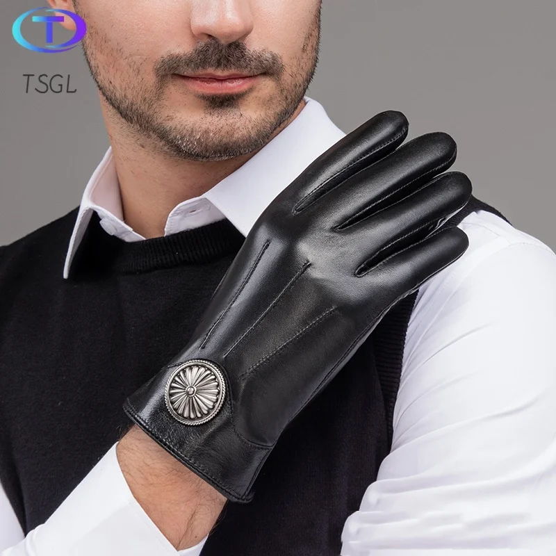 

Simple Genuine Sheepskin Leather Men Gloves Autumn Winter Windproof Warm Flleece Touch Screen Full Finger Gloves for Men