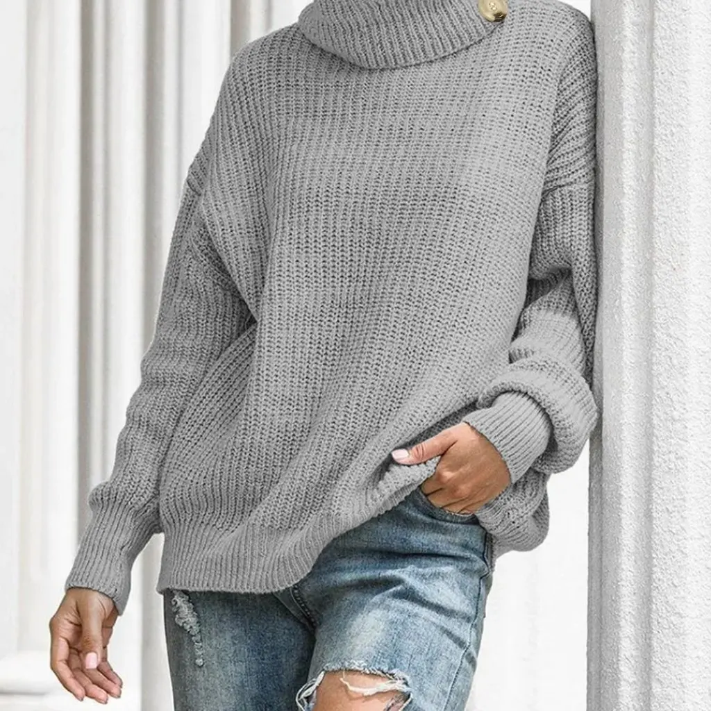 

Women's Knitted Turtleneck Sweater Button Detail Autumn Winter New Fashion European American Style Independent Station Clothing