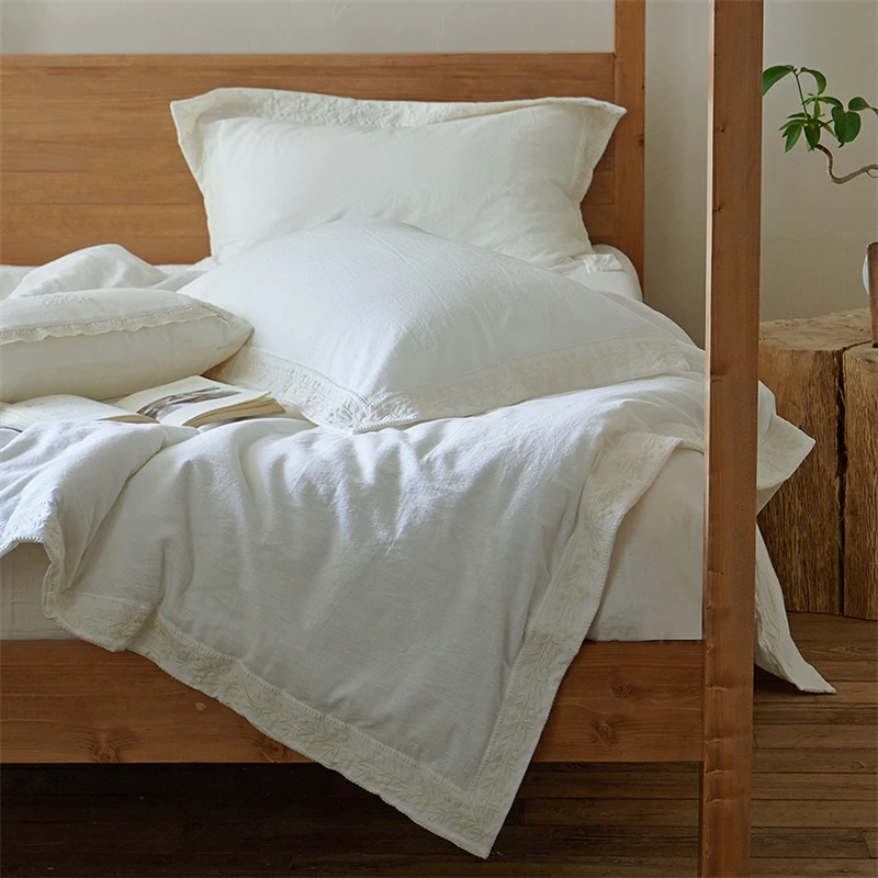 100% Cotton Vintage French Floral Embroidery Wide Edge Bedding Set Duvet Cover Flat/Fitted Bed Sheet Pillowcases 4Pcs