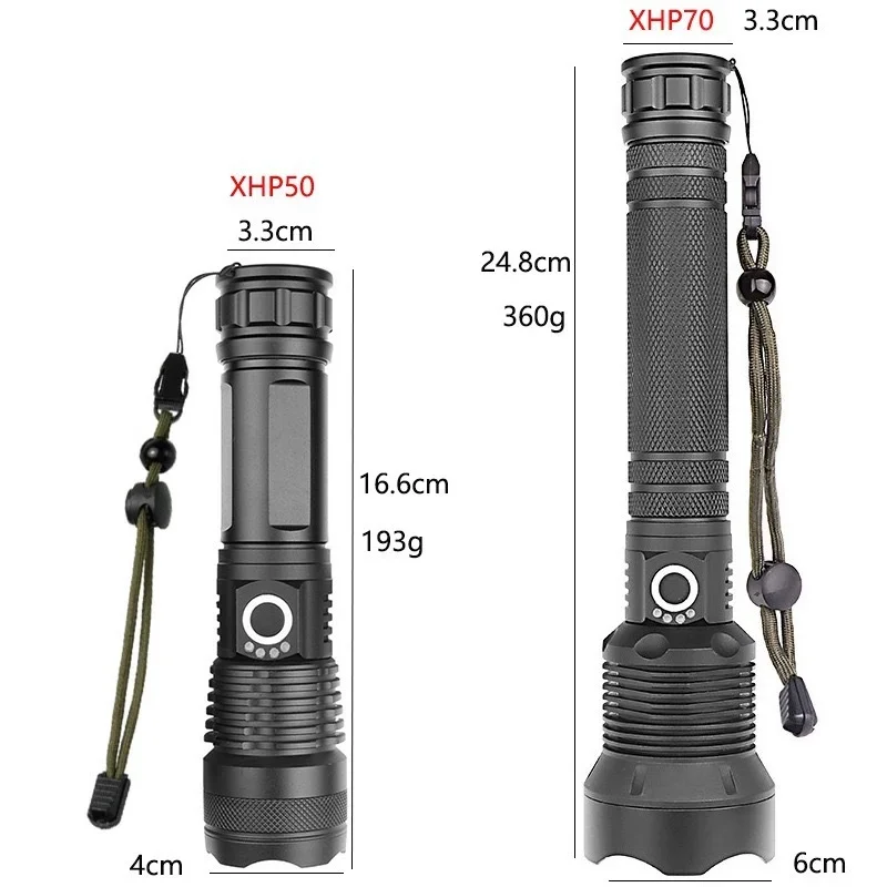 Super Bright Xhp70.2 Flashlight Torch USB Rechargeable Zoom LED Tactical Torch 126650 Battery for Camping Outdoor