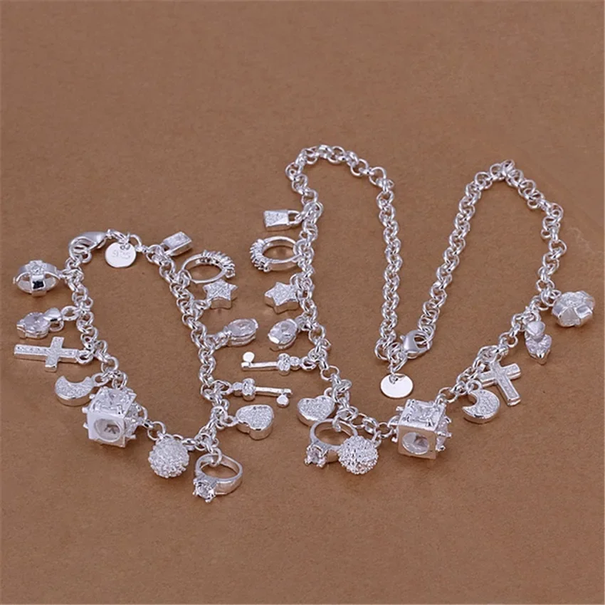 女性のための925スターリングシルバークリスタルブレスレットとネックレスセット,ハート,月,星,高級ジュエリー,パーティー,ファッション,トレンディ