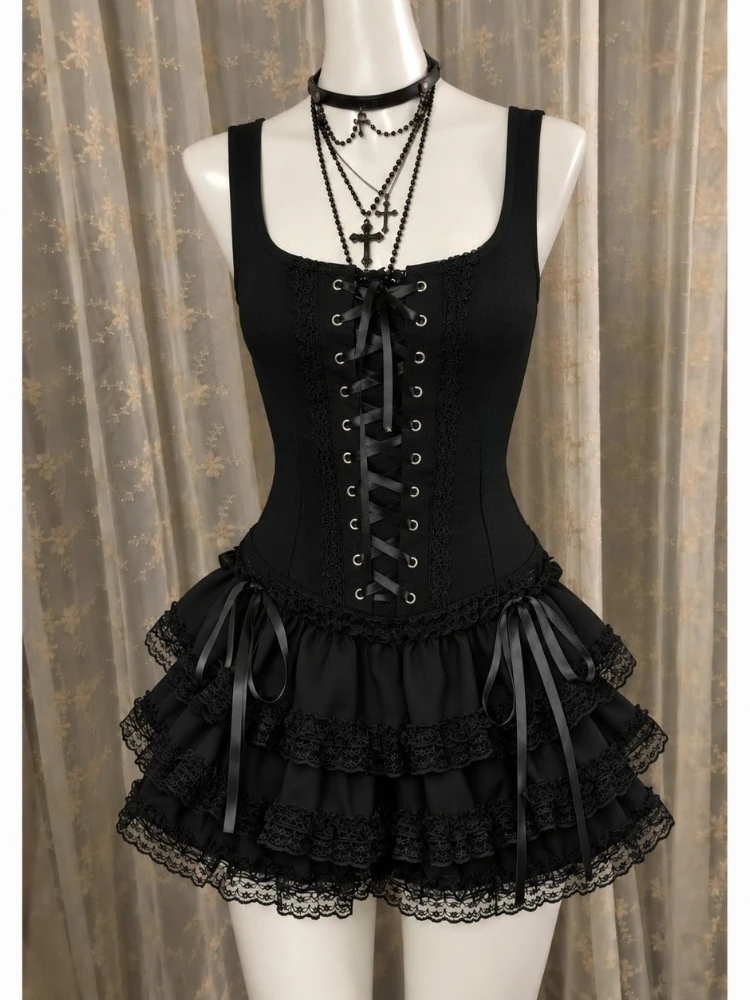 Japanese Gothic Black Camisole Top + Lace Trim Lace-Up Tiered Skirt Y2K Vintage Elegant Slim Fit Sweet Hrajuku Skirt Suit