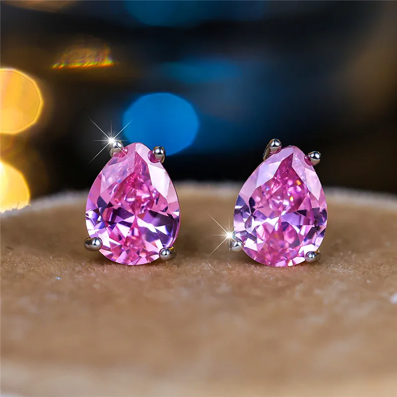 Luxury Female Pink Stone Stud Earrings Silver Color Zircon Wedding Jewelry For Women