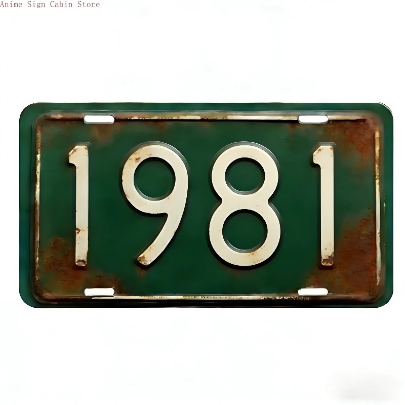 Aluminum Painting Retro 1980s Year Number License Plate Metal Wall Art Set Rustic Green Distressed Aluminum Prints for 80s Theme
