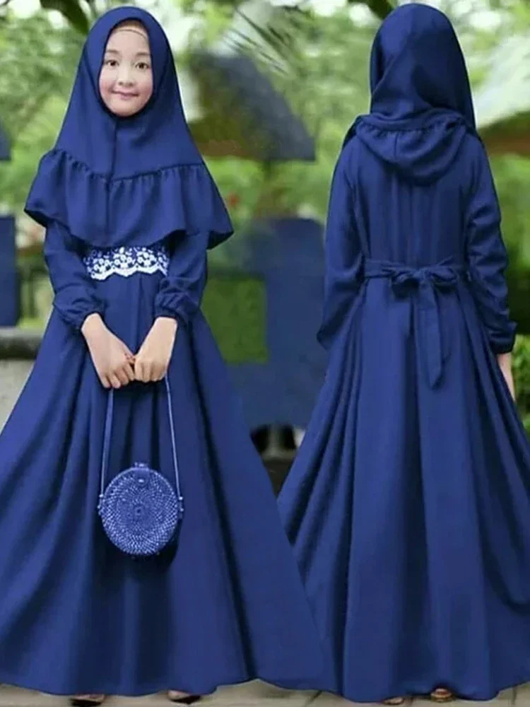 

2Pcs Muslim Ramadan Prayer Dress Abaya Sets Children Girls Eid Khimar Hijab Arab Kids Long Robe Headscarf Kaftan Gown jilbab