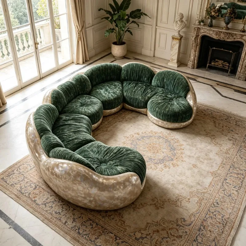 Fiberglass frame multi-seat leisure sofa tufted velvet curved combination sofa