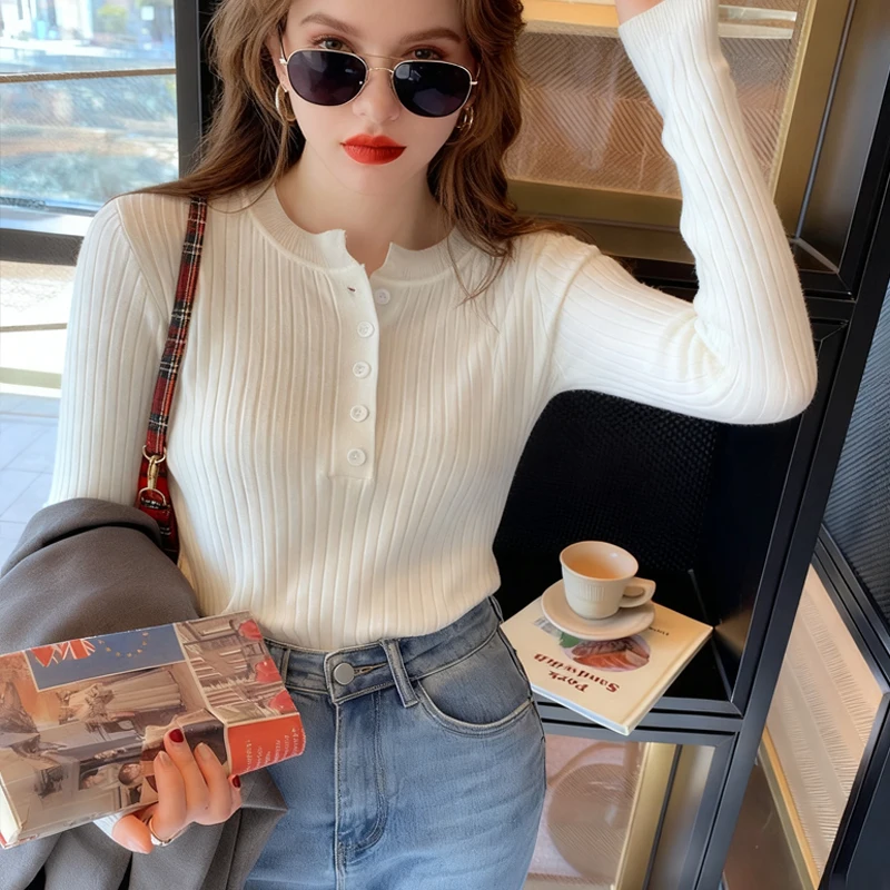 

New Long Sleeve Knitted Pullover Women Sweaters Fashion Casual Autumn Winter O Neck Buttons Top Solid Simple Basic Slim Jumper