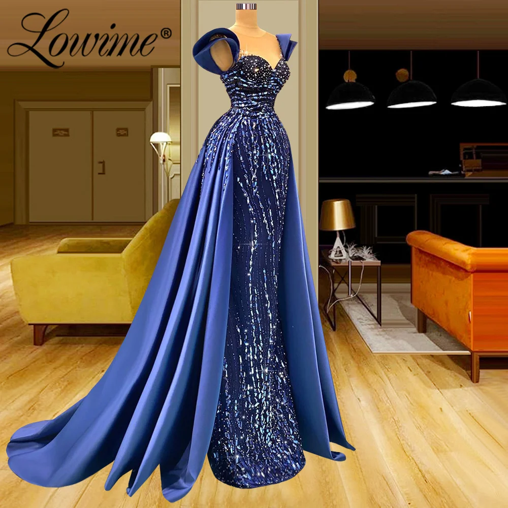 Lowime 2022 Blue Evening Dresses Elegant Dress Women For Wedding Party Mermaid Capped Sleeves Beaded Crystals Long Prom Gowns