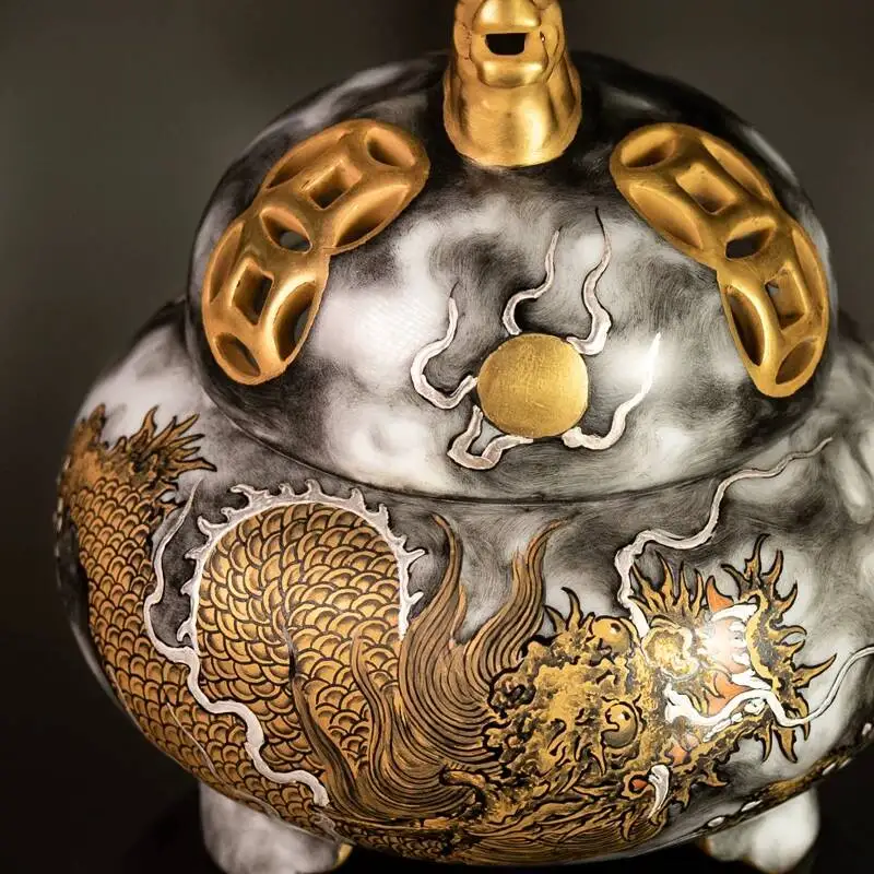 Sacred Mountain Jingdezhen Pastel Hand-Painted Gold Dragon Ceramic Desktop Incense Burner Ornament
