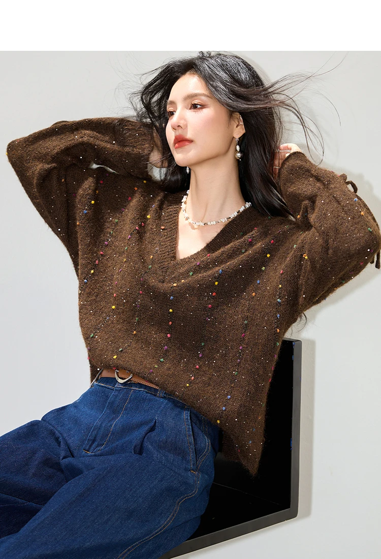 

2025v-Neck Colorful Dot-Yarn Laid-Back Style Sweater For Women'S Autumn, New Plush Korean-Style Fashionable Knitted Sweater Top