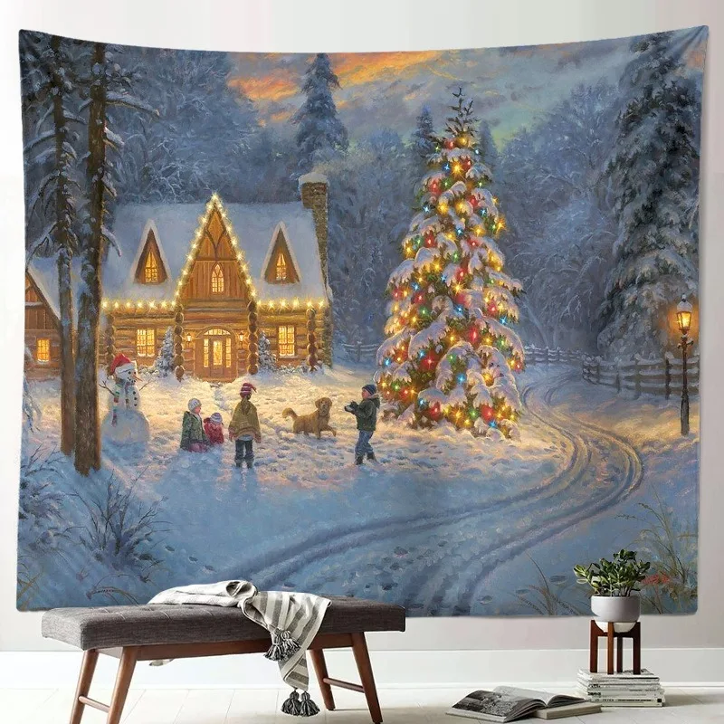 VIKAMA Reindeer Sleigh Snow Night House Tapestry, HD Print Wall Hanging for Living Room Bedroom Cozy Holiday Decor