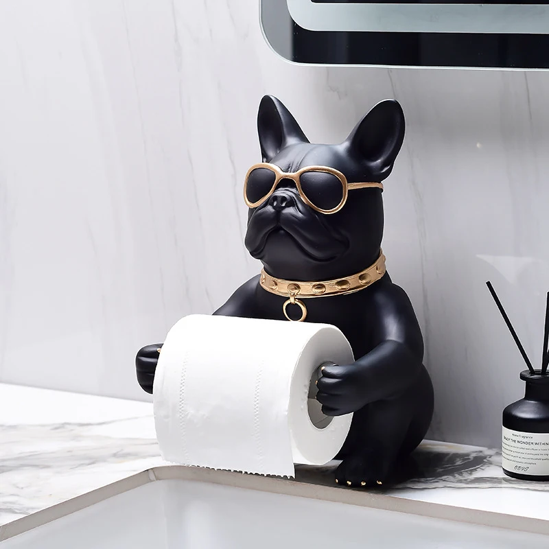 European-style French Bulldog tissue holder, dog ornament for toilet, bathroom, washbasin, tissue box, paper roll holder decorat