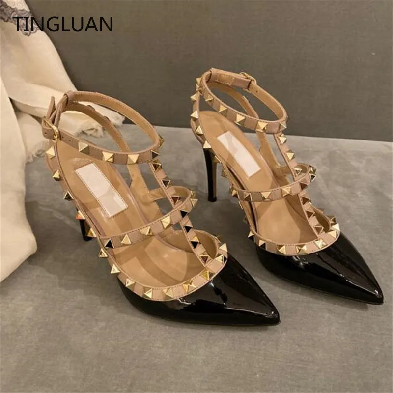 Brand Women Sandals Rivets 2022 Luxury Sexy Pointed Sandals Super 6cm 8cm 10cm High Heels Red Wedding Shoes Big Size 44