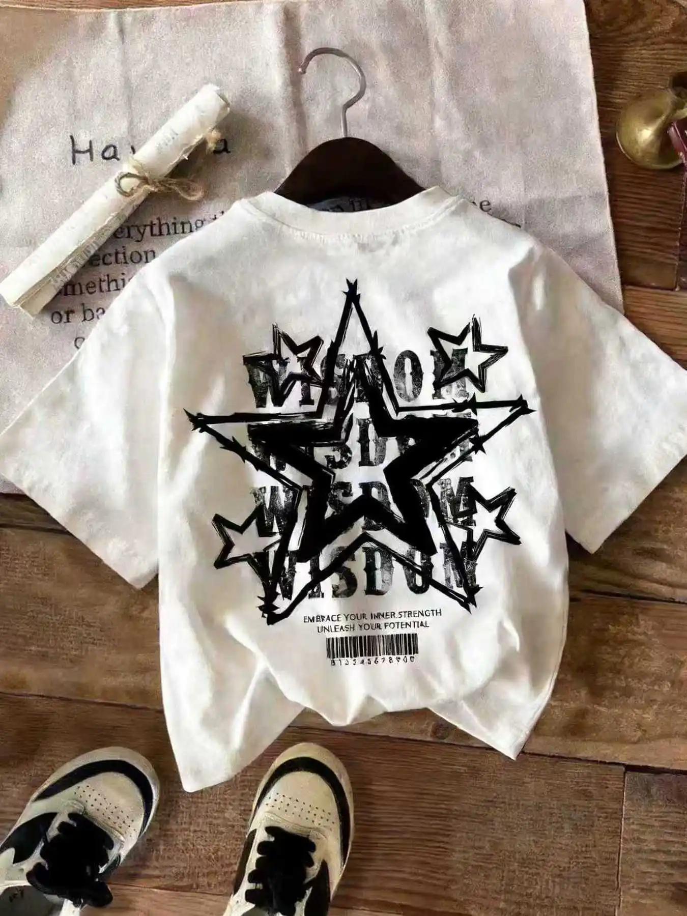 Children's T-Shirt Star Letter Pattern Printed Comfortable round Neck Short Sleeve Solid Color Casual Elegant Top for Kids