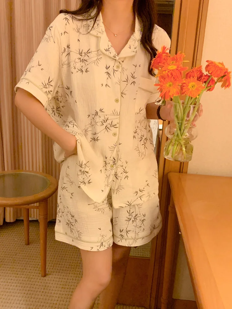 Short Sleeve Summer Chinese Style Sleepwear Lovers Wash Painting Spouse Short Sleeved Pajama Set Simple Loose Ins Casual