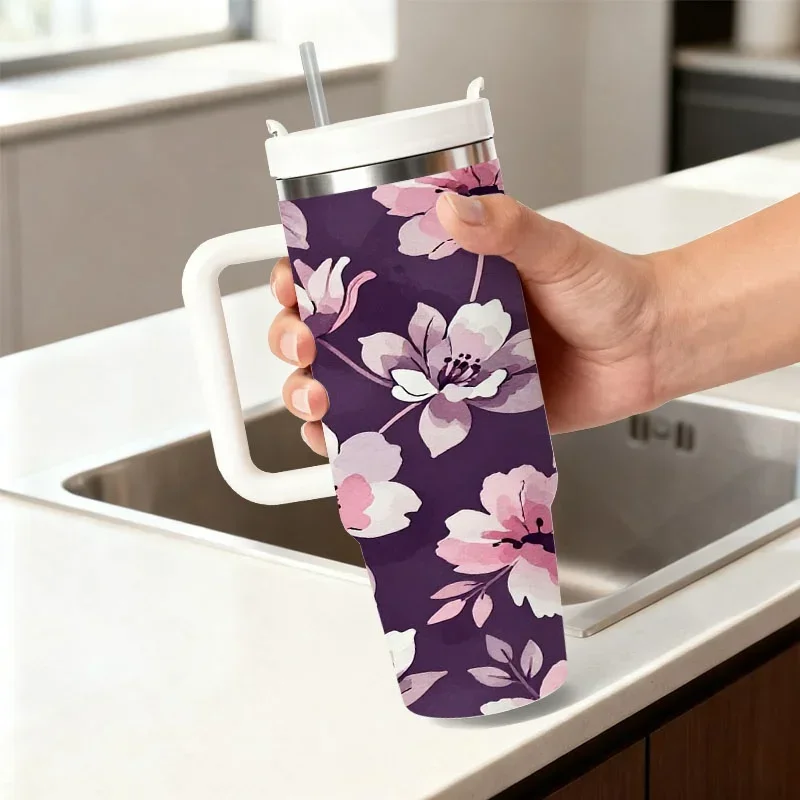 Watercolor Floral Print Stainless Steel Insulated Tumbler, 40Oz Double-Wall Travel Mug with Elegant Pink & White Blooms on Dark Purple Background, Reusable Thermal Cup for Drinks at Home, Office And Outdoor Commute