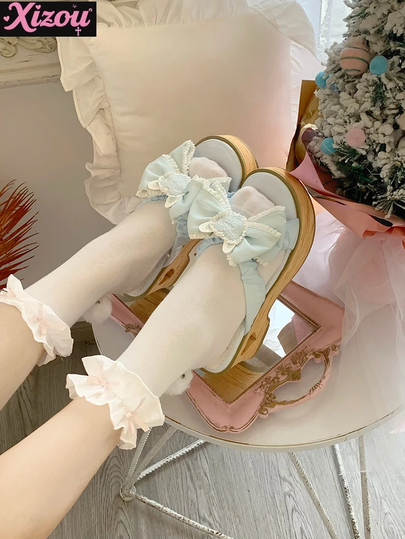 Summer Japanese Girl Wind and Wind Lolita Bow Love Sandals Women Sweet and Cute Kawaii Platform Wood Grain Bottom Sandals Female