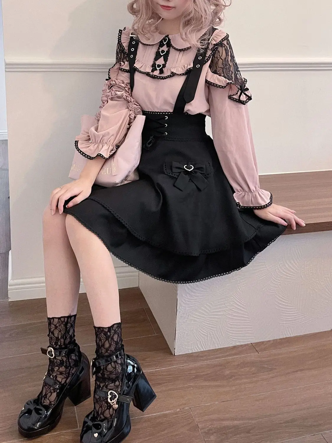 

Комплект в стиле Лолита: женская юбка и рубашка с воротником-стойкой, комбинезон, комплект из двух предметов, с высокой талией, длинный рукав, для ранней весны и осени, маленький размер