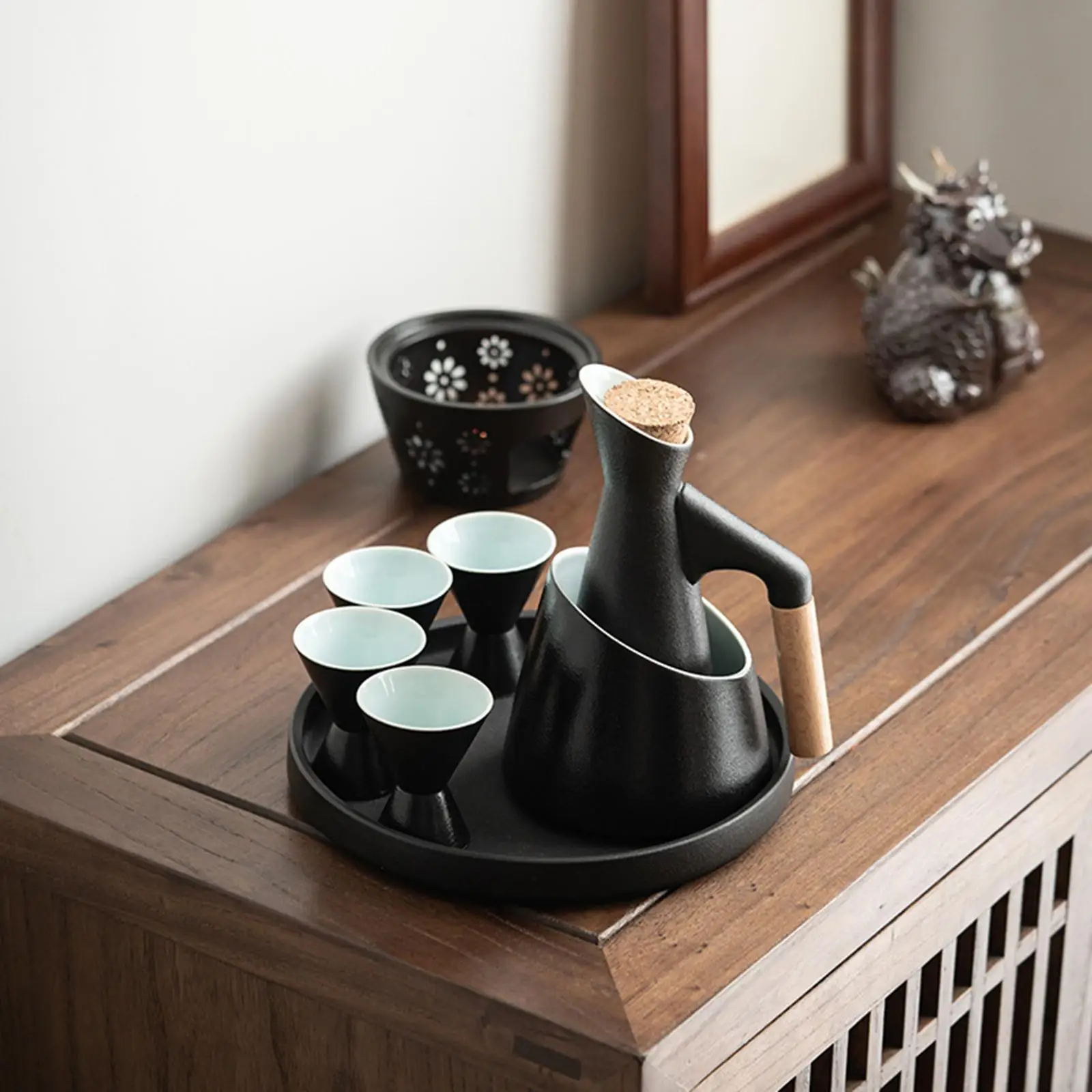Porcelain Sake Bottle Set with Warmer Bowl and Tray Japanese Style Sake Cups for Home Entertaining