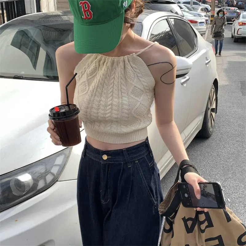 Halter Sexy Crop Top Women Knitted Camis Tank Tops Sleeveless Off Shoulder T Shirt Vintage Y2k Clothes Fashion New