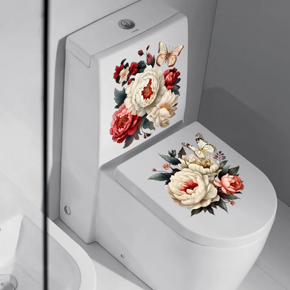 

Peony Flower Butterfly Sticker Waterproof Toilet Sticker Self Adhesive Wall Decals For Bathroom Decoration
