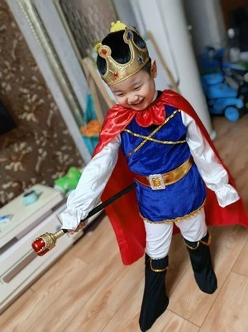 King Prince Carnival Roleplay Party Outfit Cosplay Costumes for Boys Kids Halloween Cosplay Dress Up Cloak Crown Scepter Set