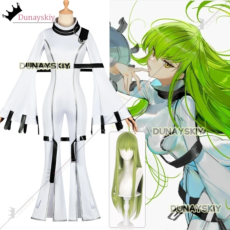 Hangyaku no Lelouch Cosplay Costumes C.C. Cos Uniform White Slim-Fitting Onesie With Green Wig Full Set