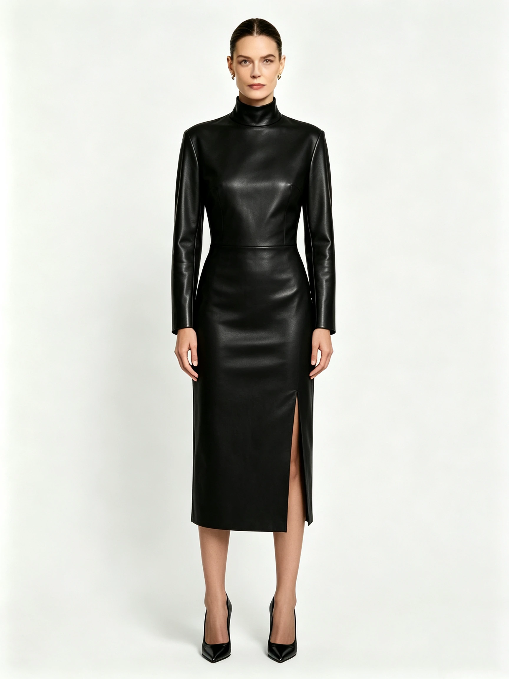 Women's Faux Leather Mock Neck Midi Dress with Long Sleeves and Side Slit