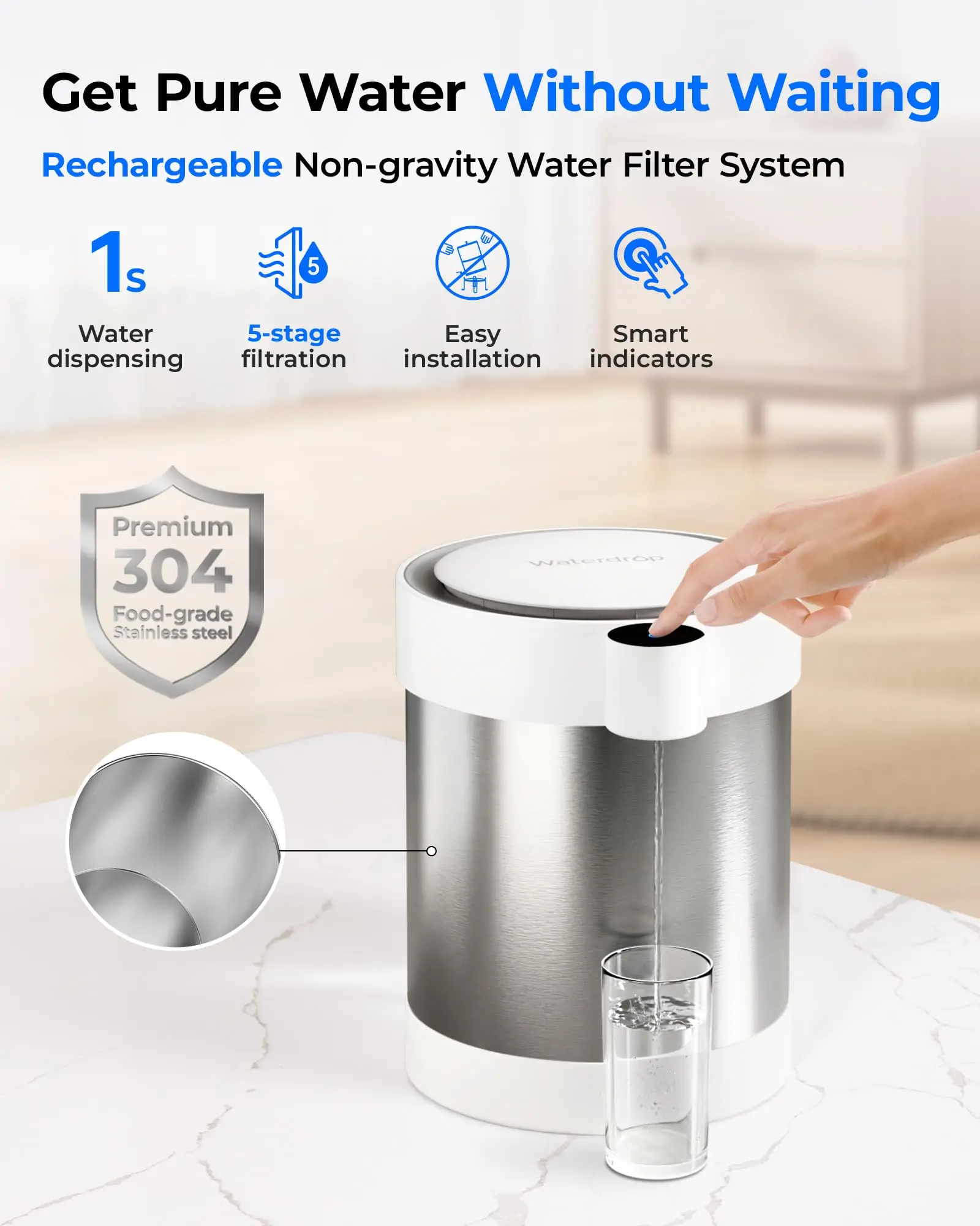 Waterdrop ED21W Rechargeable Non-Gravity Water Filter System, 5-Stage Stainless Steel Countertop Filtration, Reduce 70+ Contaminants, Lead, Chlorine And Cadmium, 22-Cup
