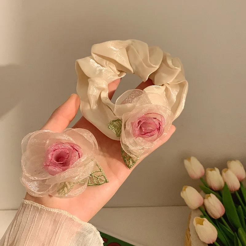 Elegant Camellia Flower Scrunchies Female Senior Dried Rose Hairpin Grab Clip Hairwear Headstring Bangs Clips Hairpin Headwear