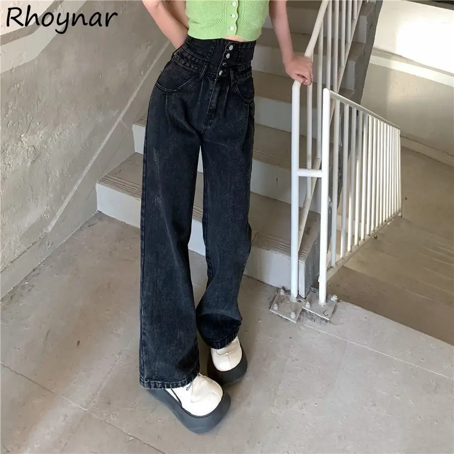 

Women Jeans New High Waist Four Buttons Denim Vintage Bleached Mopping Fashion Wide Loose Simple Harajuku Hip-hop Street Trendy