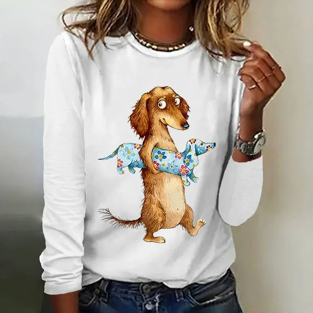 Funny Dachshunds Pattern Print Long Sleeves T shirts Fall Cotton Crewneck Women\'s T-shirts Fashion Women Clothing Pullover