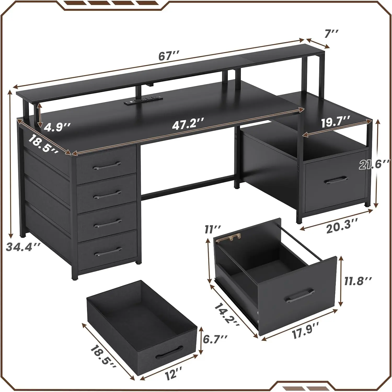 Computer Desk with 5 Drawer, Power Outlet & Led Lights, 66'' Home Office Desk with File Drawer，Storage, Monitor Shelf