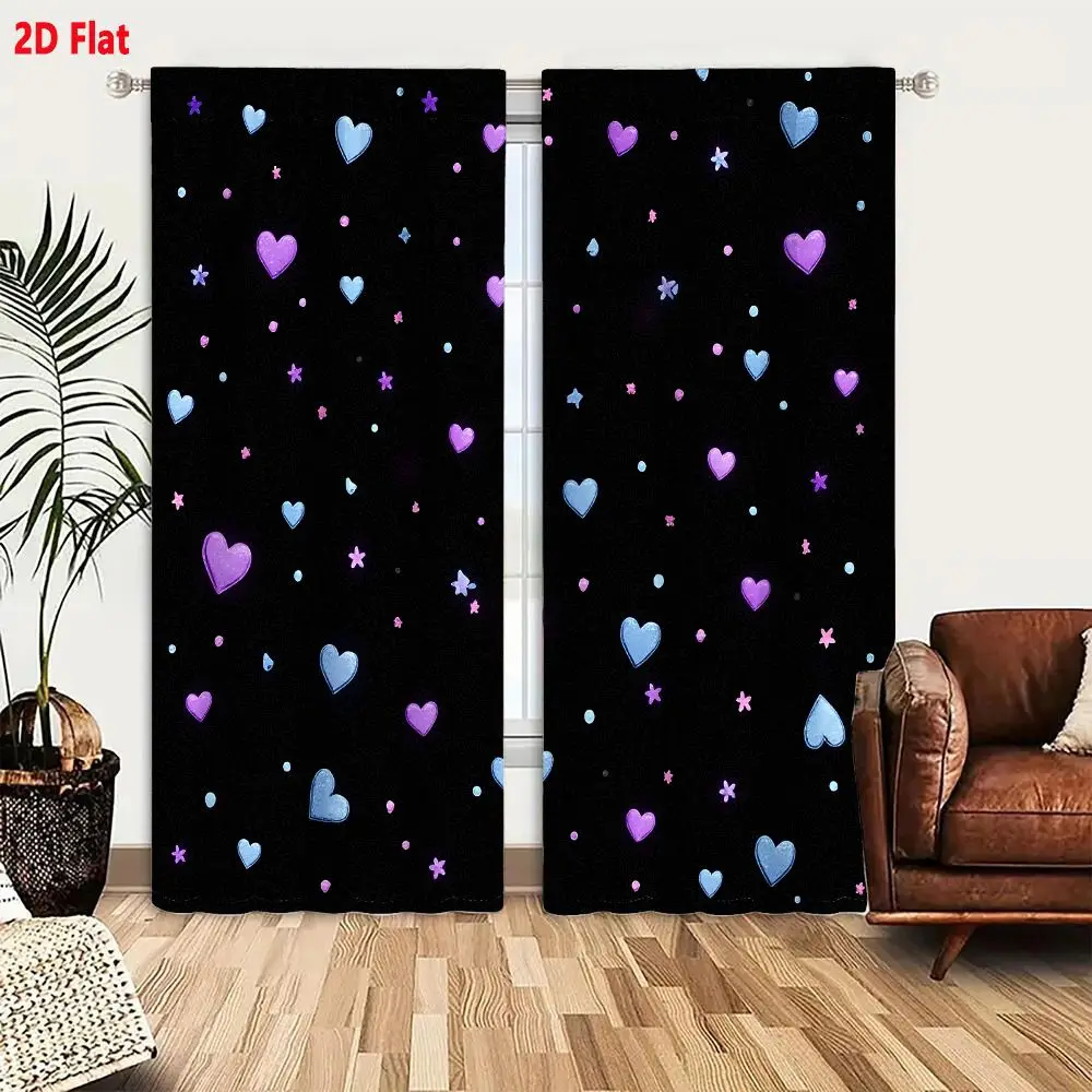 2Pcs Curtains 2D Flat Glowing Purple And Light Blue Hearts Stars Pattern On Black Background Window Drapes for Bedroom Room Deco