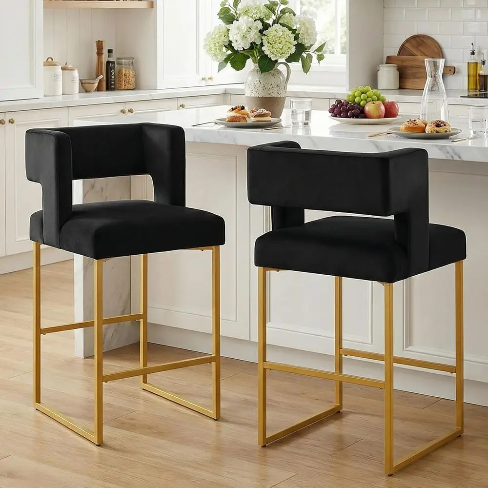 Set of 2 Velvet Upholstered Counter Height Bar Stools with Backs and Arms, Black & Gold Legs