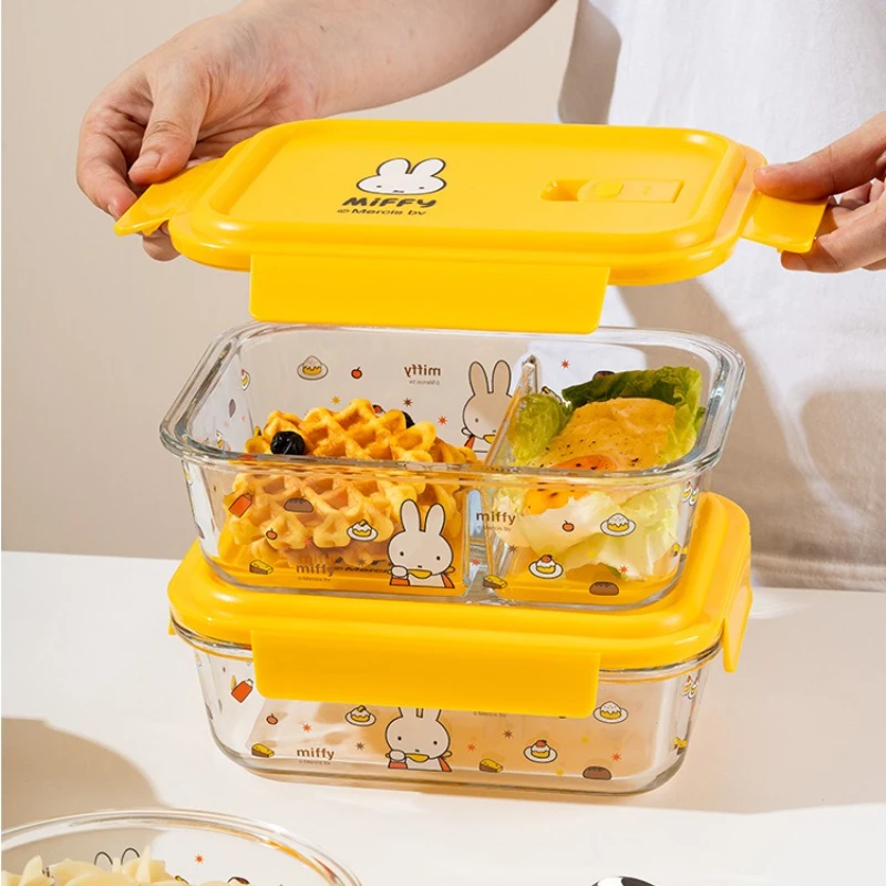 귀여운 미피 유리 도시락 전자레인지 사용 가능 학생/사무실용 음식 용기 누수 방지 뚜껑 재사용 가능한 신선 보관 식품 용기