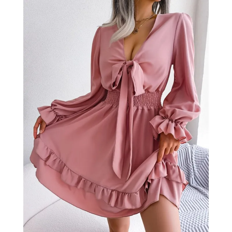 2024 Summer Leisure Lace Up Waist Wooden Ear Large Swing Dress Women Sexy Deep V Neck Lace-Up Mini Dress Vestidos De Mujer