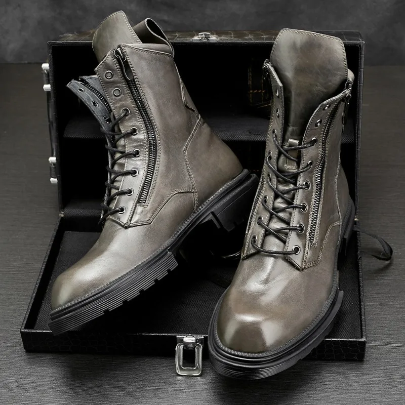 

Motorcycle Riding Boots Double Zipper Men's High Help Thick Bottom Trendy Versatile Round Head Leather Fleece Warm Retro Shoes