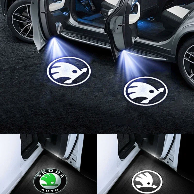 2PCS Car Door Welcome Courtesy Logo Lights Ghost Projector Shadow Lamps for Skoda VRS Fabia Octavia Roomster Superb Accessories