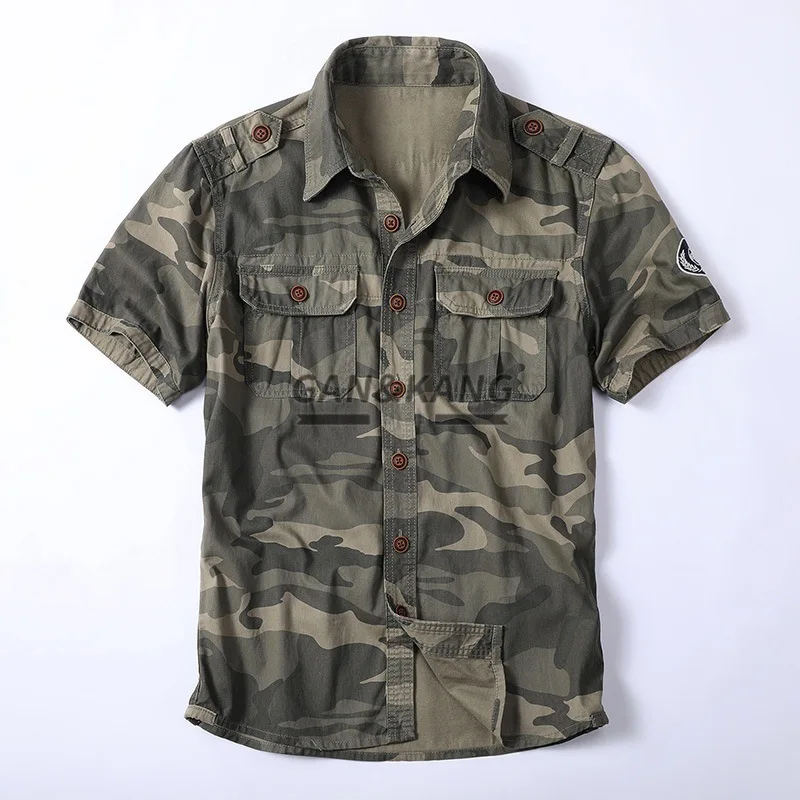 

American Vintage Washed Summer Casual Shirt for Men Cotton Camouflage Loose Fit Durable Workwear Top Lapel Short Sleeve