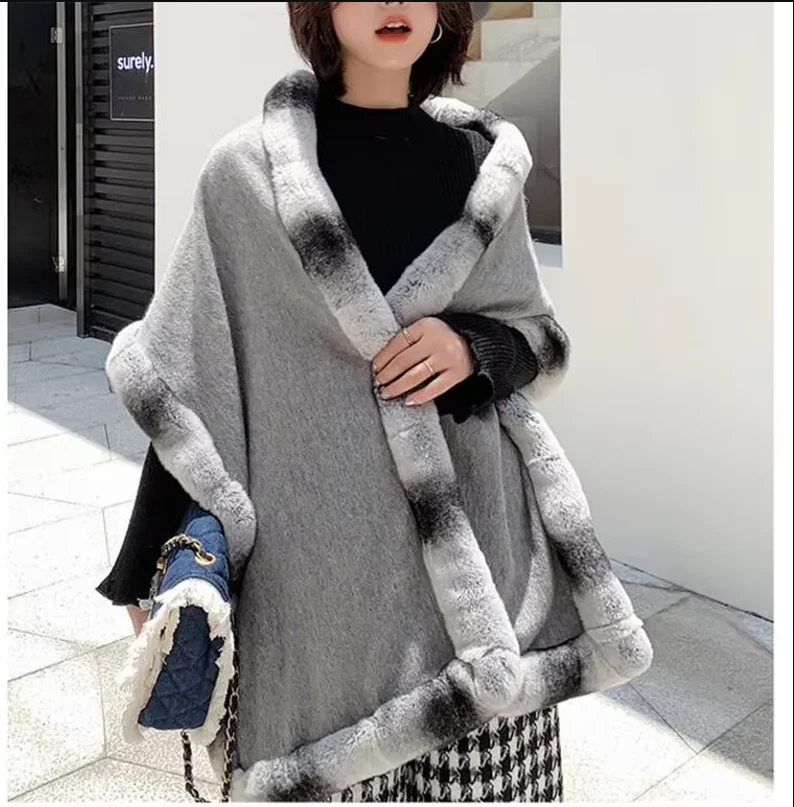Elegant 100% Wool Scarf with Genuine Rex Rabbit Fur Cape Fashion Chinchilla Color Winter Women Outdoor Shawl Party Dress Wraps