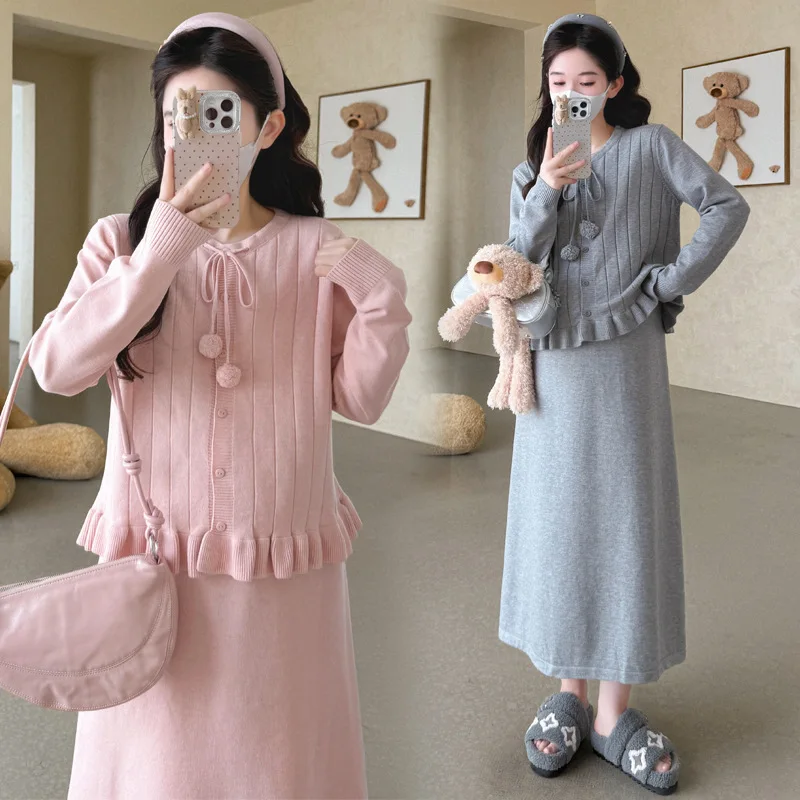 Maternity Set Autumn Gentle Sweet Ruffled Hem Pom Pom Single Breasted Sweater Coat and Cami Dress Two Piece Set Soft Comfortable