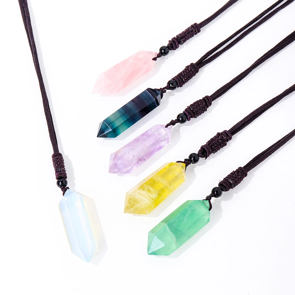 1pc Natural Crystal Rose Quartz Double Point Tower Necklace Healing  Energy Amethyst Gem Column Necklace Gift