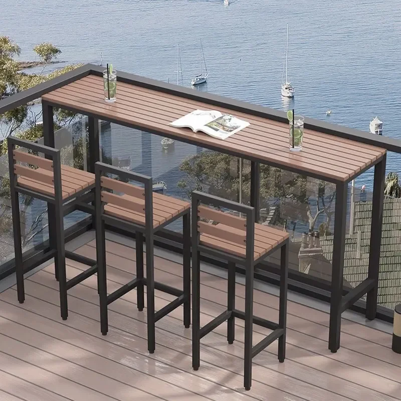 Outdoor Bar Counter Plastic Wood Table and Chair Set Open Air Balcony Long Strip Wall Mounted Table Weatherproof Sun