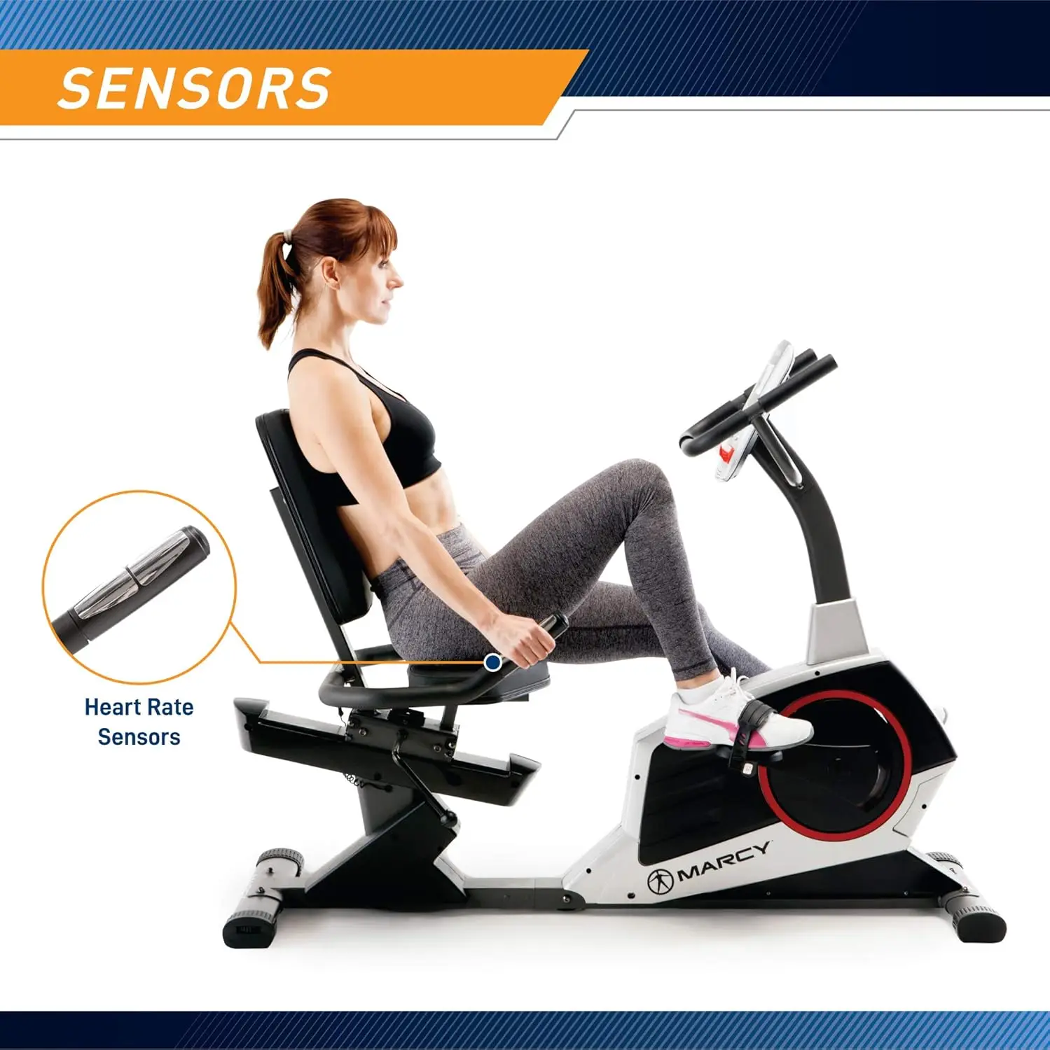 

Regenerating Recumbent Exercise Bike with Adjustable Seat, Pulse Monitor and Transport Wheels ME-706