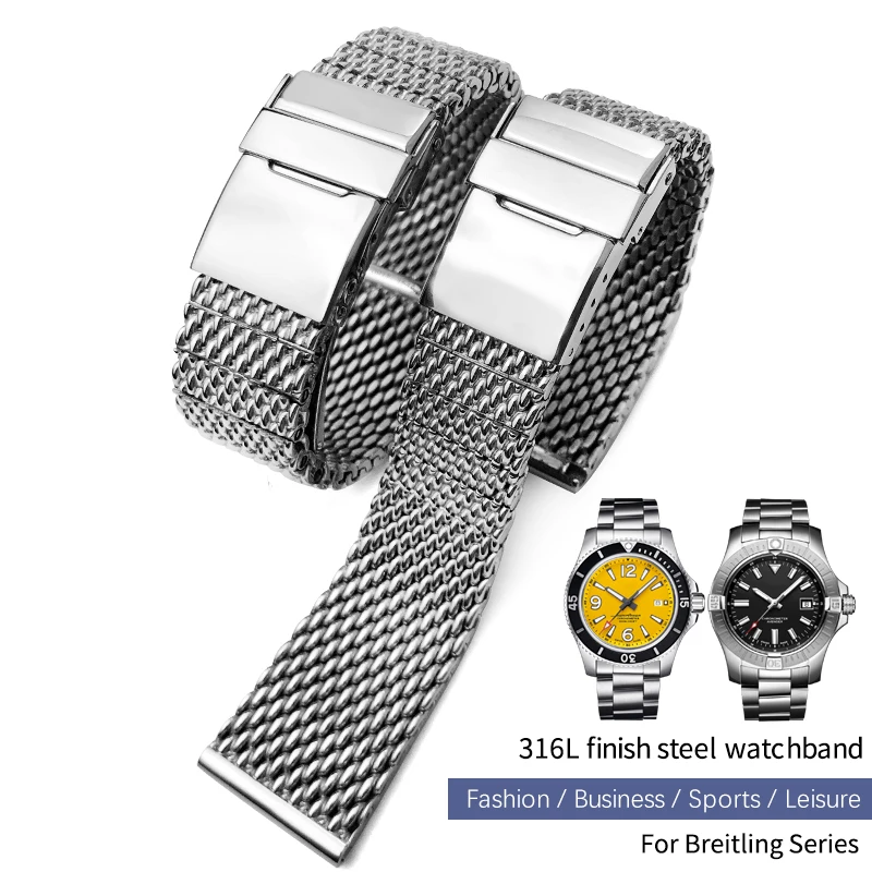 High Quality Stainless Steel 22mm 24mm Watch Band for Breitling Superocean Heritage Solid Metal Bracelets Mesh Woven Strap