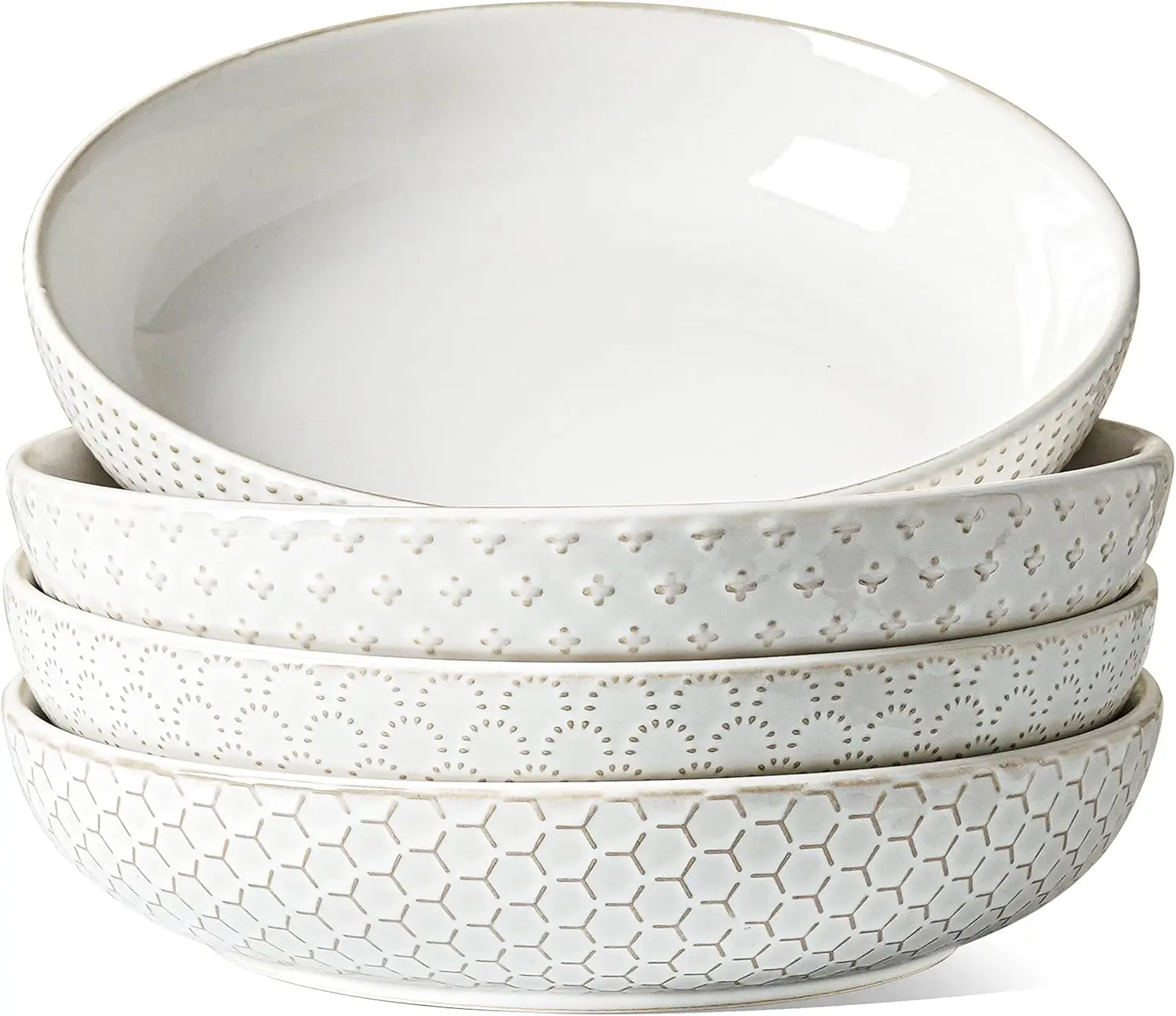 

Large Ceramic Pasta Bowls Set of 4, 42oz Embossed Stoneware for Salad Noodle Dinner, Arctic White